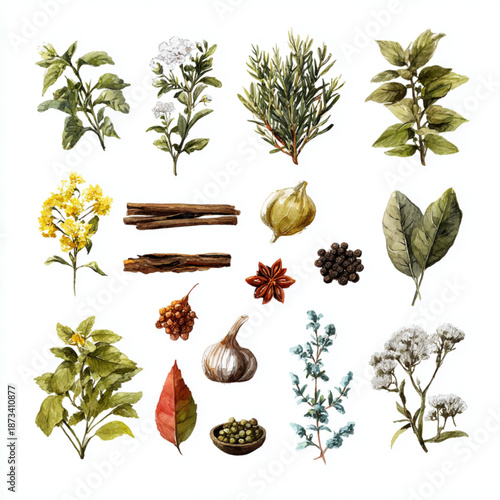 Variety of herbs and spices collection.