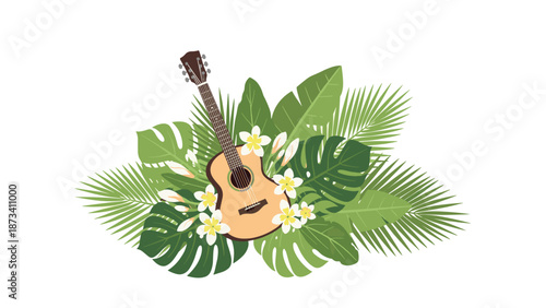 Wooden ukulele gracefully positioned among a vibrant cluster of broad tropical green leaves and delicate white plumeria flowers.