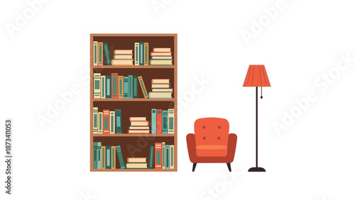 Cozy reading nook featuring a tall bookshelf filled with various books, a comfortable armchair, and a warm floor lamp.