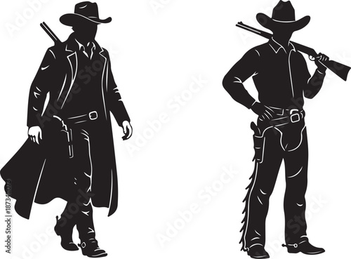 Mysterious cowboy in a long duster coat and hat with rifle and pistol