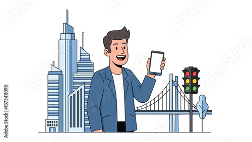 Happy man holding up a blank smartphone screen in front of a modern city skyline, bridge, and traffic light, symbolizing urban connectivity and digital services.
