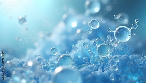 Wallpaper Mural Abstract blue background shows transparent spheres, connected molecules. Float above textured micro surface in vibrant, clean setting. Visualizes cell processes, biology, science, hydration. Presents Torontodigital.ca