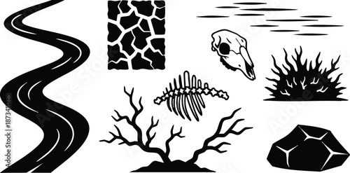 Flat silhouette desert vector set showing winding road cracked ground animal skull fish bones dead tree dry bush solitary rock stark black and white desolate mood