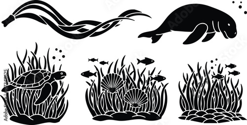 Silhouette vector flat design underwater seagrass scene with sea turtle swimming manatee profile eel ribbon kelp beds shells small fish bubbles close up side view composition