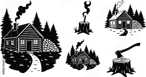 Woodcut style close up rustic log cabin with smoking chimney and stacked firewood path leading to door surrounded by pine forest axe and stump wood pile