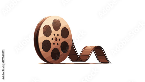 Classic vintage film reel with a long, unspooled film strip, rendered in nostalgic sepia tones, symbolizing cinema, history, and analog media.