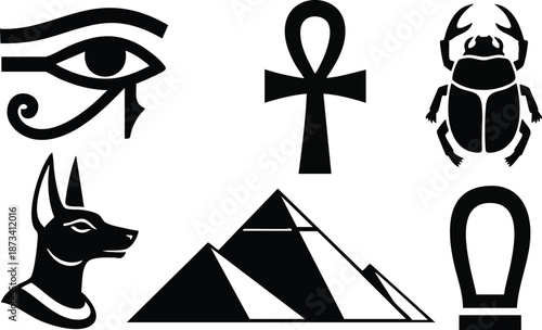 Minimalist vector set of egyptian symbols showing horus eye ankh scarab anubis head and three pyramids in flat black silhouette centered low angle composition bold