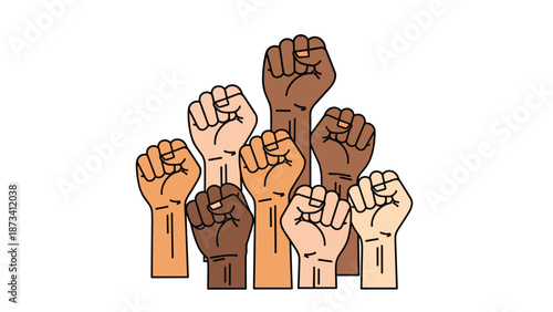 Diverse hands with clenched fists raised upwards, symbolizing unity, strength, protest, and solidarity for social causes.