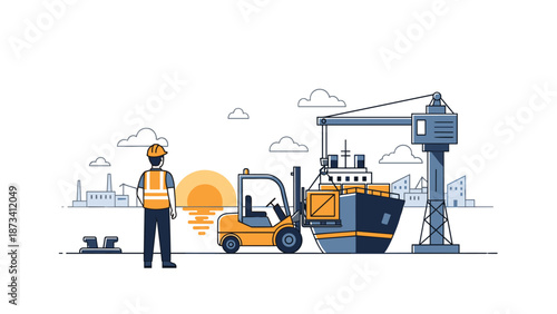 Worker in a hard hat overseeing a forklift loading cargo onto a ship at a port, depicting logistics, shipping, and global trade.