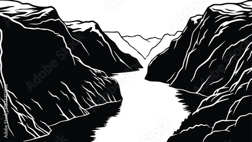 Linocut style panoramic low angle fjord view river cutting between steep cliffs with reflected water and distant jagged mountains high contrast dramatic mood bold graphic silhouette