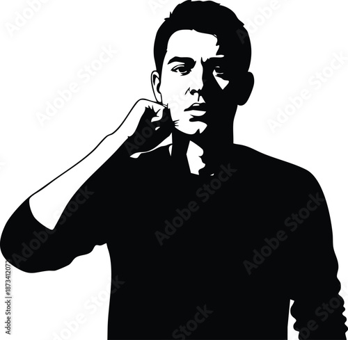 Stencil vector high contrast close up portrait of young man touching neck looking at camera wearing dark sweater against white background minimalist dramatic lighting moody isolated