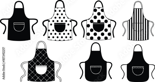 Flat design set of eight kitchen aprons with pockets polka dot stripe quilted scalloped edges front view isolated on white background minimal black and white vector