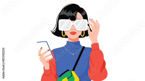 Stylish woman with a bob haircut and oversized sunglasses, holding a smartphone and a handbag, representing modern fashion and digital communication.