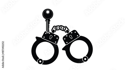 A black and white illustration depicting handcuffs unlocked with a key symbolizing freedom