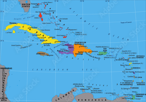Vector political world map. Fragment of geographical atlas of central america with cuba, haiti, florida, usa, bahamas, jamaica, dominican republic, cayman islands, venezuela, colombia, caribbean sea. 