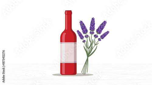 Bottle of red wine standing next to a bouquet of lavender on a light wooden surface, evoking a sense of relaxation and natural aroma.