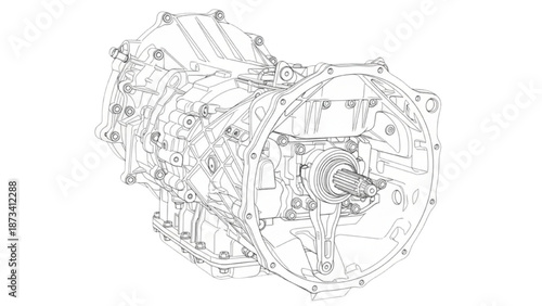 Manual Automotive Gearbox Assembly Line Art Technical Engineering Drawing Illustration