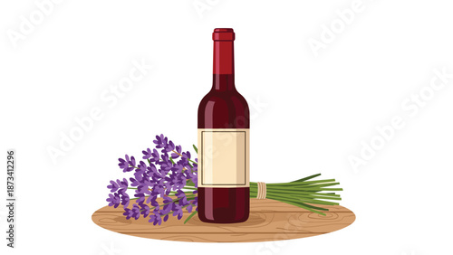 Bottle of red wine next to a lavender bouquet on a wooden board, suggesting a serene and aromatic setting for relaxation.