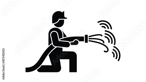 Firefighter kneeling and spraying water from a hose a safety and emergency symbol