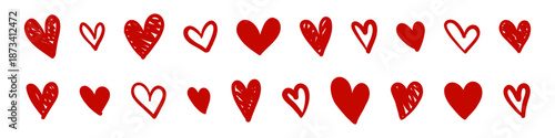 Vector hand drawn cute red hearts set in various shapes, solid and outline styles. Doodle clipart elements collection for valentines day love greeting card, invitation, scrapbook or romantic design.