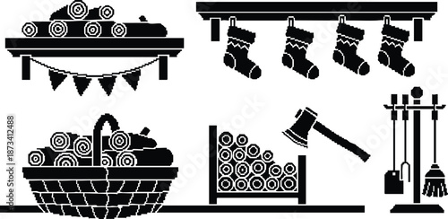 Rustic woodpile vector set with stacked logs basket firewood rack axe and hanging stockings fireplace tools flat silhouette cozy holiday decor close up low angle mantel