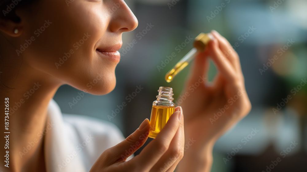 Fototapeta premium Faceless hand holding dropper bottle above skin applying serum to cheek stock photo skincare treatment facial oil application beauty routine cosmetic product defocused