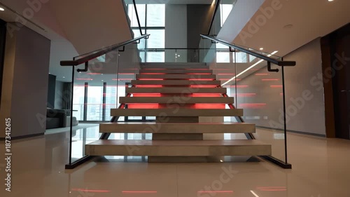 Luxurious Modern Staircase with Integrated Red LED Lighting Ascending Through a Contemporary Building Interior with Glass Railings and Reflective Floors Providing Ample Natural Light from Large
