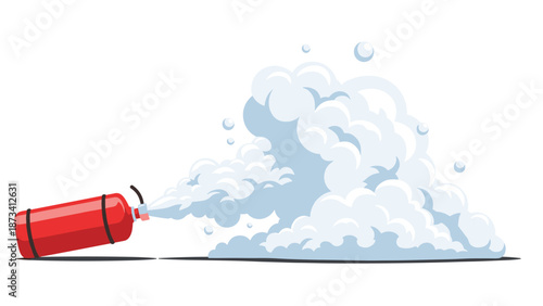 Red fire extinguisher lying on its side, emitting a large cloud of white smoke or foam, representing fire suppression and emergency.