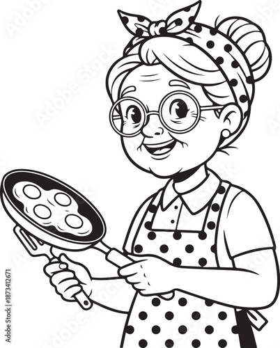 Smiling granny cooking up a delicious breakfast with eggs and a spatula