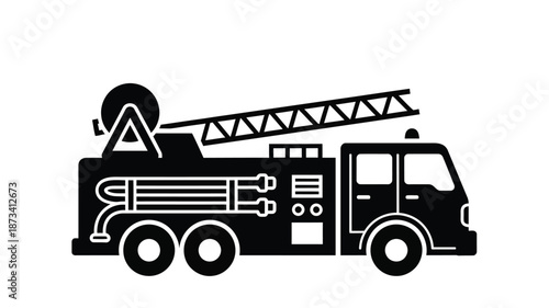 Stylized black and white illustration depicting a fire truck with an extended ladder
