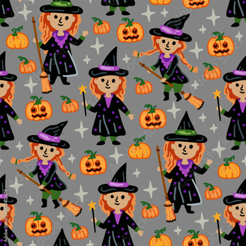 Seamless vector pattern for Halloween. Kids characters. Horror, pumpkins, children in costumes. A witch on a broom and pumpkin heads
