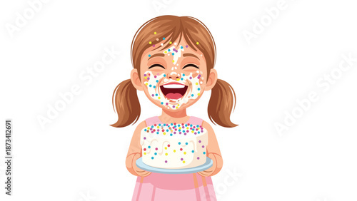 Joyful little girl with cake frosting and sprinkles on her face, holding a birthday cake, celebrating a messy and happy birthday.