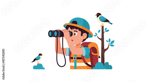 Young boy with a backpack looking through binoculars, surrounded by birds and trees, portraying an outdoor explorer and nature lover.