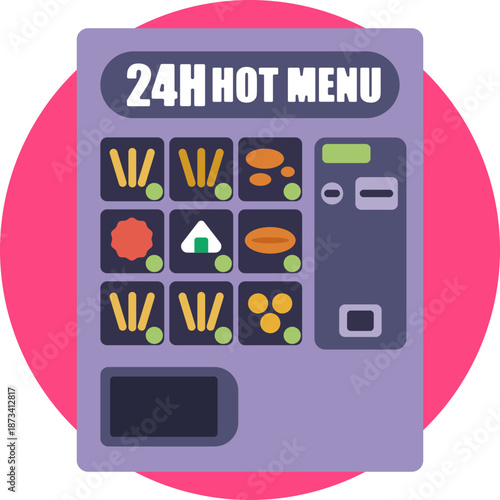 Indicates a vending machine section offering hot food and beverages available 24 hours a day.