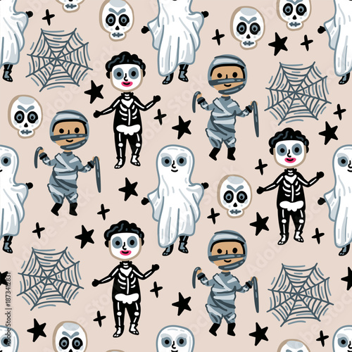 Seamless vector pattern for Halloween. Kids characters. Horror, pumpkins, children in costumes. Zombie and Ghost. Web