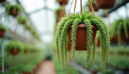 Donkey tail succulent plant hangs in brown pot. Green plant has long stems with small leaves. Interior of greenhouse with multiple plants is visible.