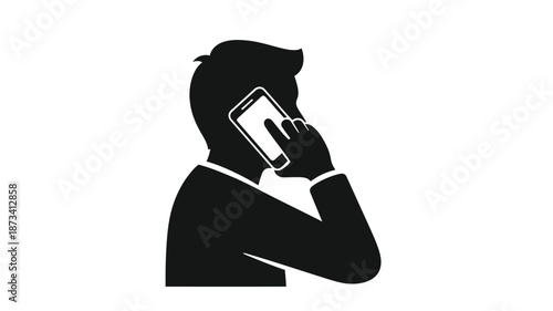 A simple black silhouette of a man holding a smartphone to his ear talking