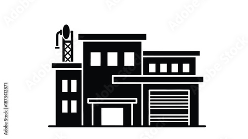 Simple black silhouette of a modern building with a rooftop antenna detail