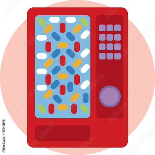 A candy-dispensing machine with a clear front display showing various sweets inside.