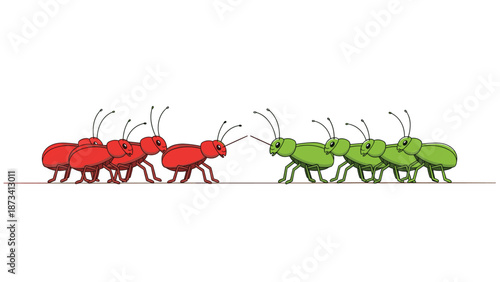 Two lines of red and green ants facing each other, depicting confrontation, competition, or a metaphor for opposing groups.
