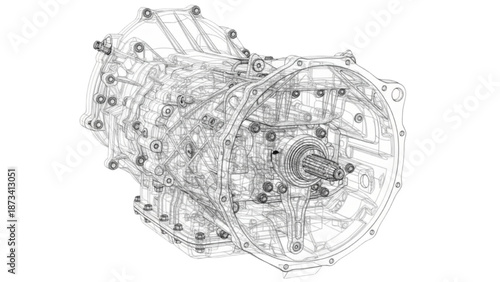 Detailed Automotive Gearbox Wireframe Engineering Visualization with Complex Mesh Structure