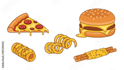 Assortment of fast food items including a pizza slice, cheeseburger, onion rings, and crispy snacks, representing unhealthy eating and indulgence.
