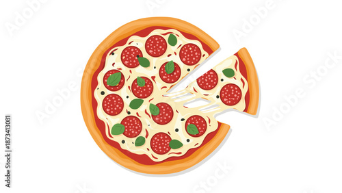 Delicious pepperoni pizza with one slice pulled away, showing melted cheese and basil, representing Italian cuisine and fast food.