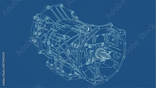 Automotive Gearbox Blueprint Perspective View Engineering CAD Technical Illustration