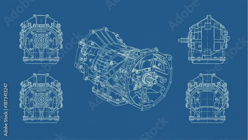 Automotive Gearbox Blueprint with Orthographic Views Technical Engineering Drawing Illustration