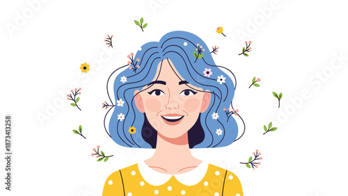 Happy woman with blue hair and small flowers and leaves surrounding her, symbolizing spring, nature, and joy.