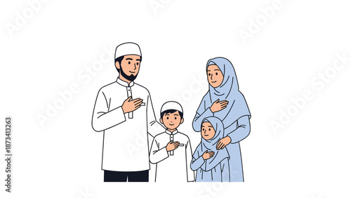 Muslim family with parents and children in traditional attire, placing hands on their chest, expressing respect and greetings.