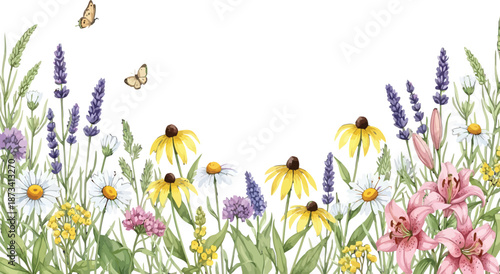 A beautiful watercolor illustration of a vibrant wildflower border with butterflies on a solid black background