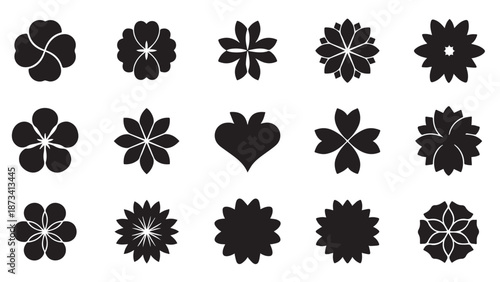 Various black flower silhouettes and stylized floral icons set on white