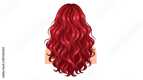 Stunning digital illustration showcasing voluminous, wavy, vibrant red hair from a woman's back, exquisitely isolated on a clean white background.